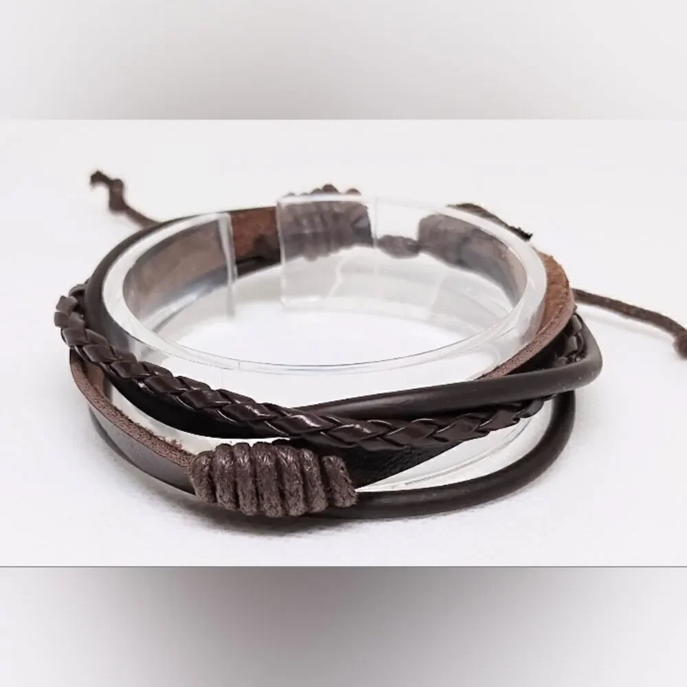 NEW leather bracelet‎ layered braided brown e22